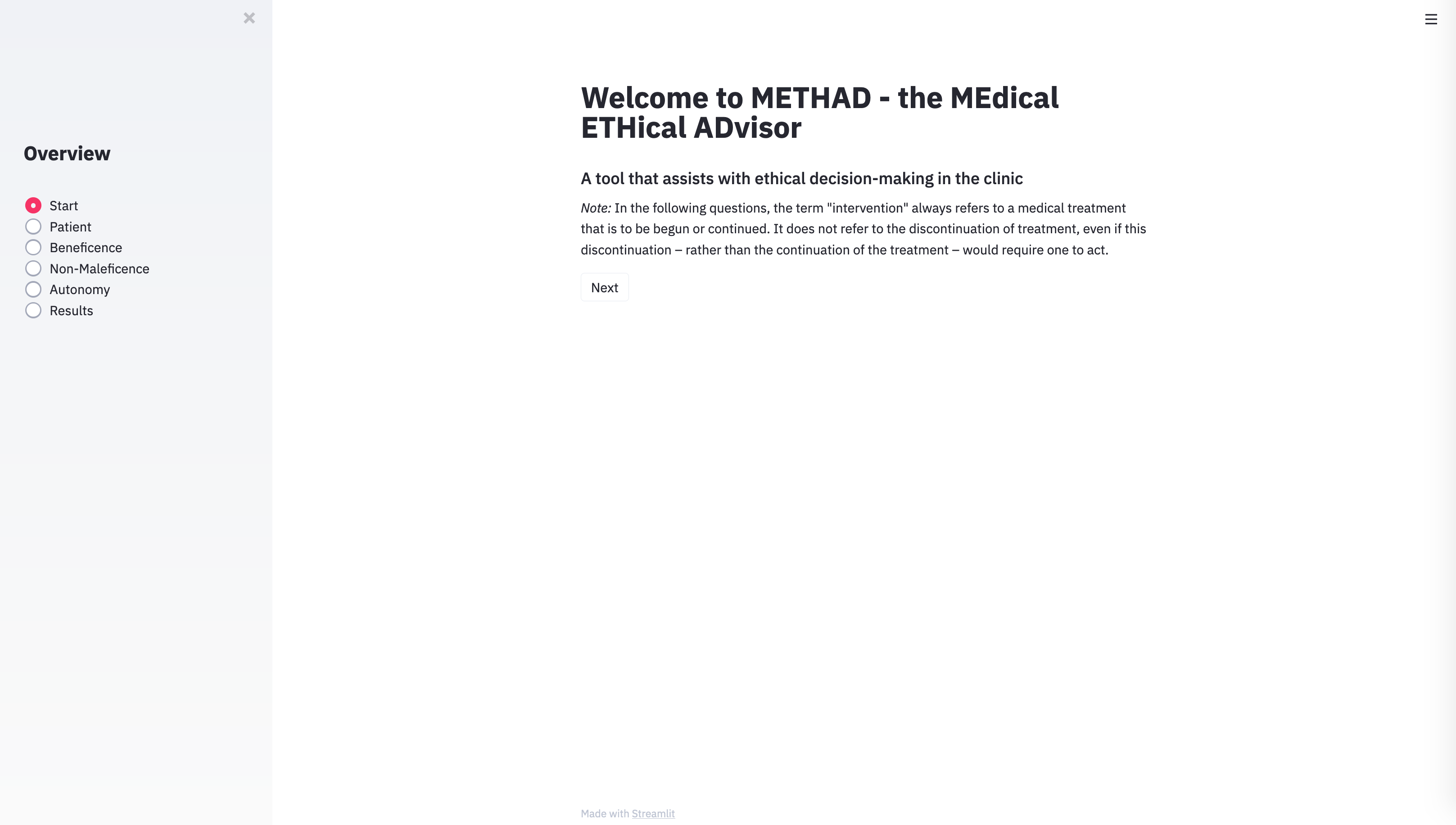 intro screen of the METHAD user interface